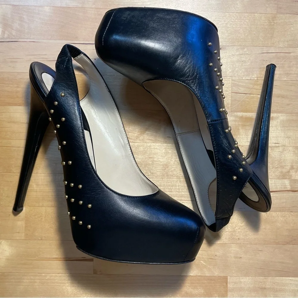 B Brian Atwood Black Studded Leather Platform Slingback Pumps Designer Heels